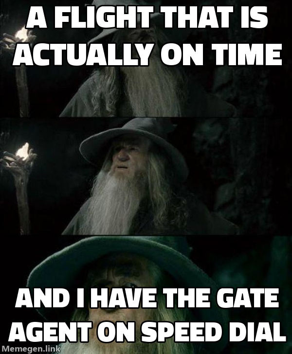 A flight that is actually on time / And I have the gate agent on speed dial